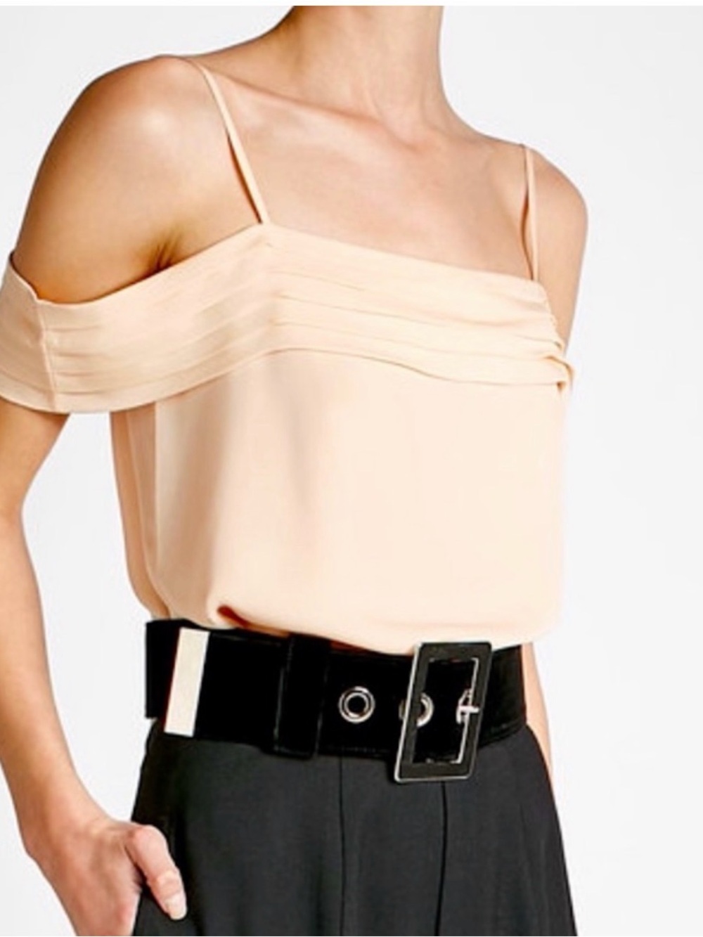 T by ALEXANDER WANG Peach Silk Pleated Off The Shoulder Blouse